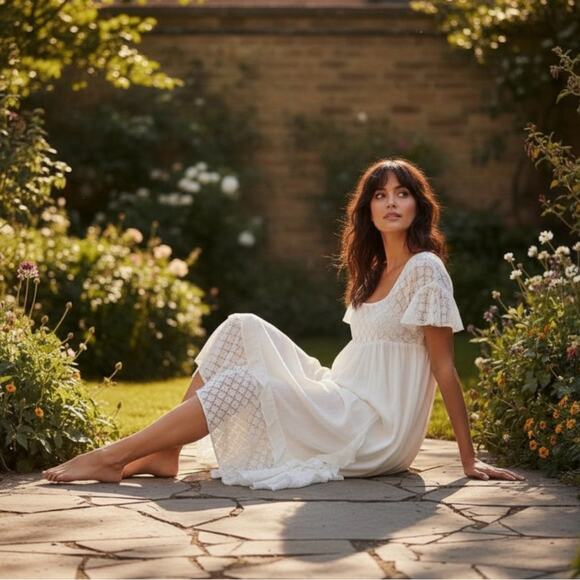 Free People Ethereal Bohemian Cottage Bring The Romance Maxi Dress White Medium - Picture 6 of 14